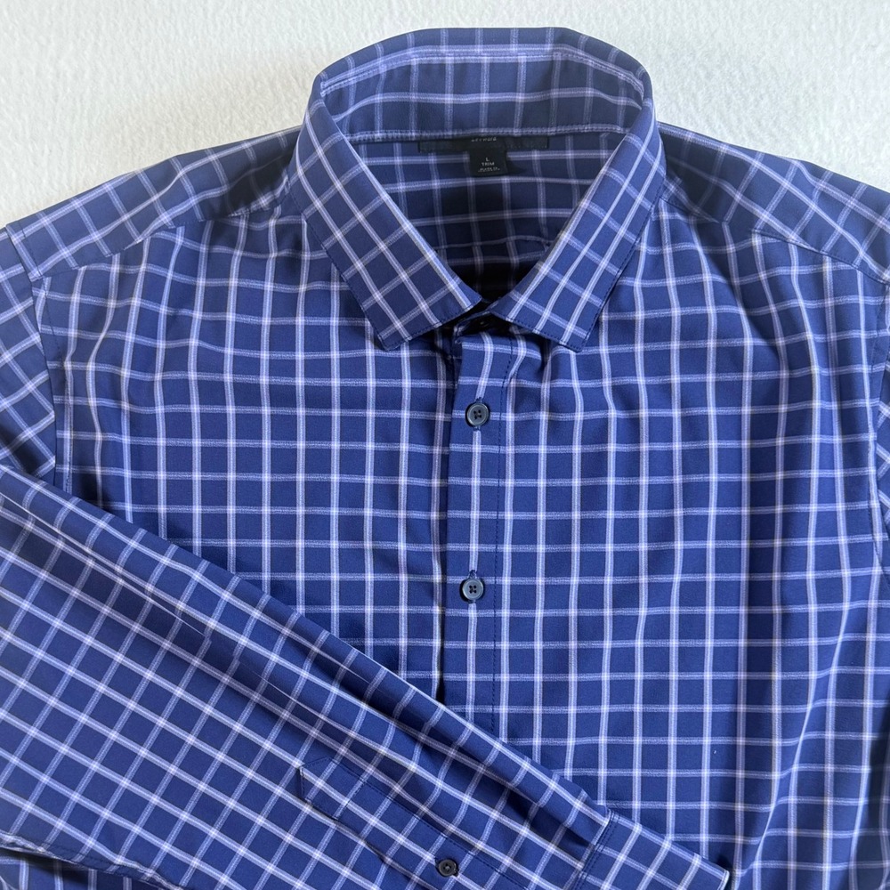 Mizzen Main Dress Shirt Mens Large Leeward Trim Fit Grid Performance Indigo